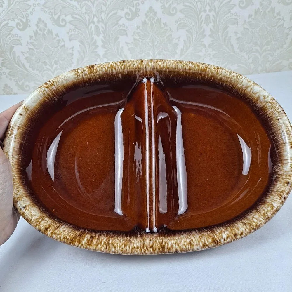 Hull Pottery Brown Drip Glazed Divided Dish made In USA Oven Proof Vintage